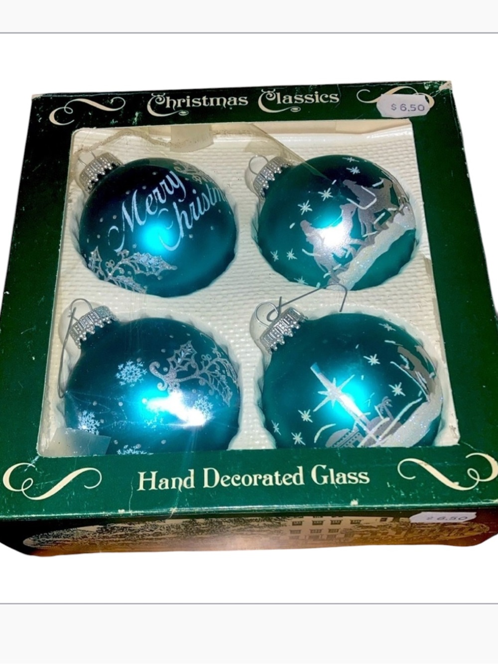 Christmas hand decorated glass NWT 4 pc